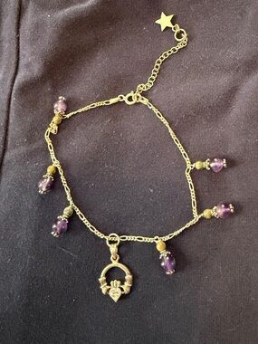 Silver Claddagh Charm Bracelet with Purple Bead Accents